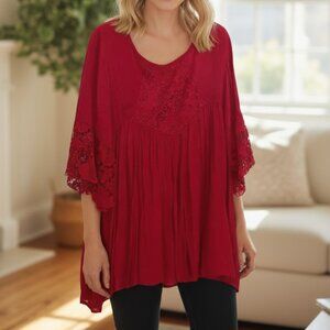 Adorable Red Boho Babydoll Dress with Bell Sleeves - Size 2x - Cotton. Lined.